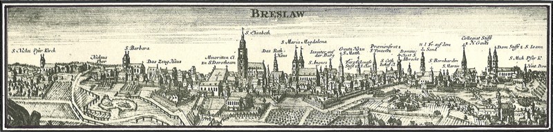 Widok Wrocławia od południa. Opracowanie wg M. G. Seuttera - XVIII w. Lampa stojąca Breslau